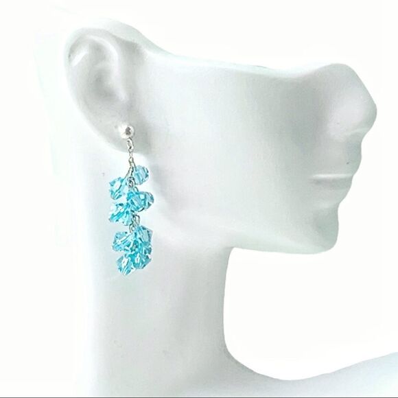 Sky blue faceted crystal sterling dangling earrings pierced - Picture 1 of 6